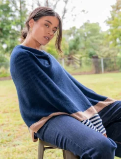 Scarves|Knits And Jumpers*Zjoosh Cashmere Border Ponchette Navy Tan NavyTan