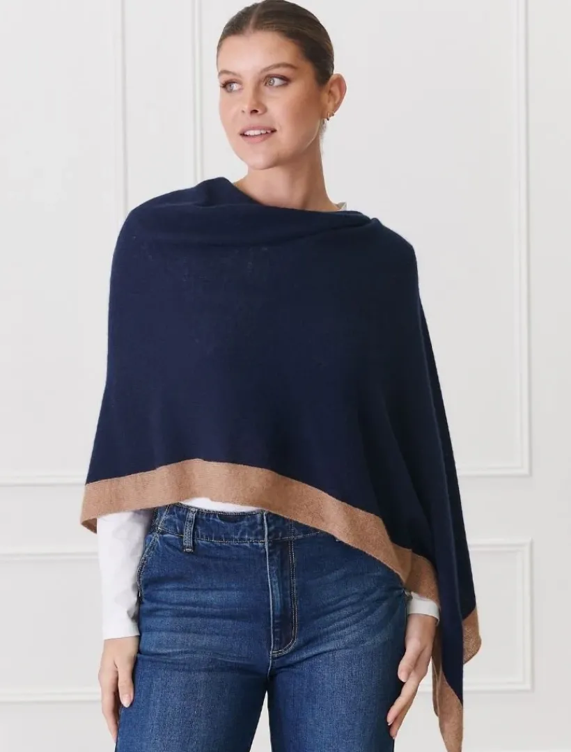 Scarves|Knits And Jumpers*Zjoosh Cashmere Border Ponchette Navy Tan NavyTan
