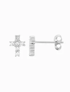 Silver Jewellery|Earrings*Ellani Cubic Zirconia Claw Set Cross Studs Rhodium