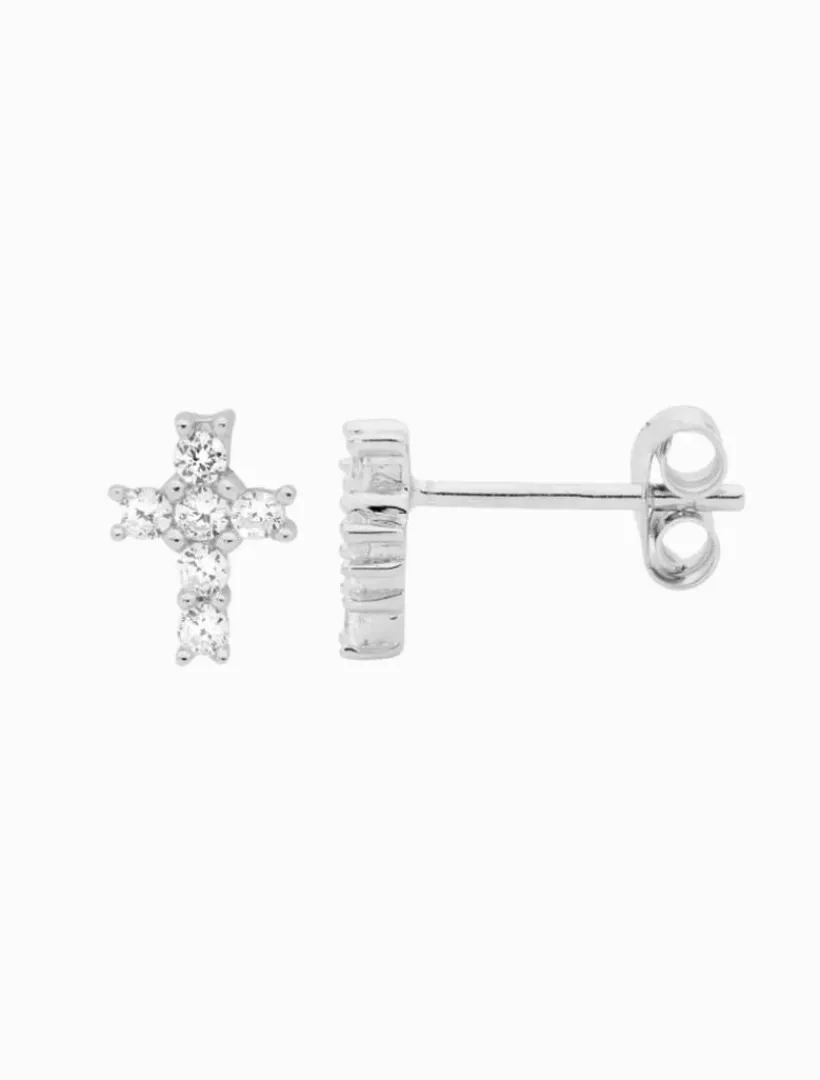 Silver Jewellery|Earrings*Ellani Cubic Zirconia Claw Set Cross Studs Rhodium