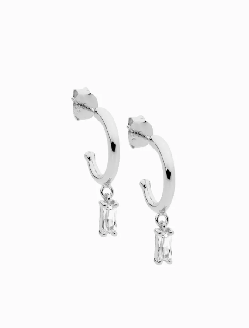 Earrings|Silver Jewellery*Ellani 13mm Hoop Earrings Cubic Zirconia Baguette Drop Rhodium