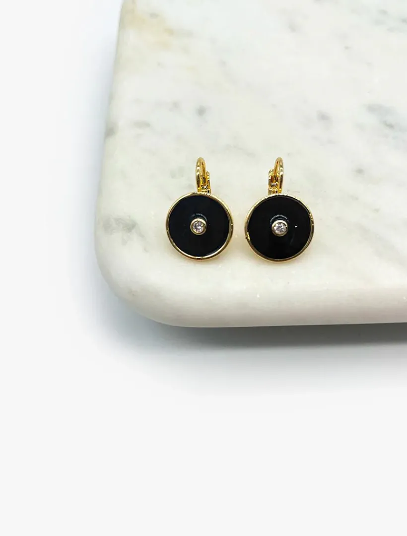 Earrings*Zjoosh Round Enamel Crystal Hooks Black