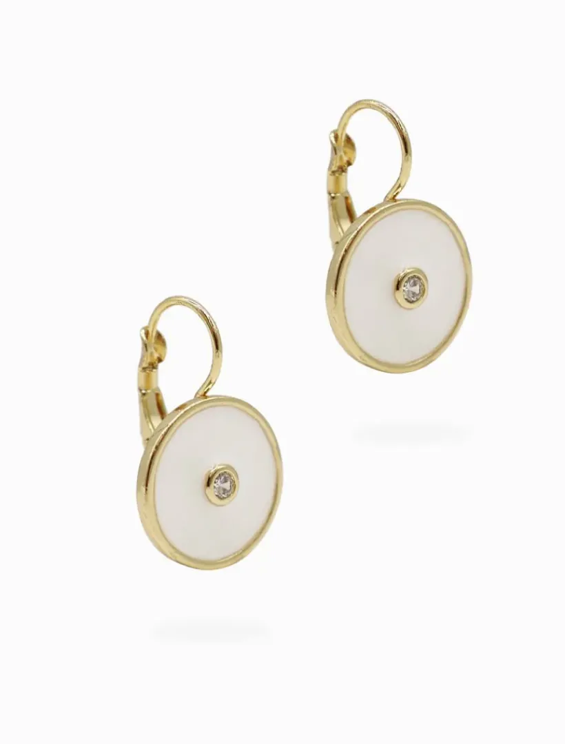 Earrings*Zjoosh Round Enamel Crystal Hooks White