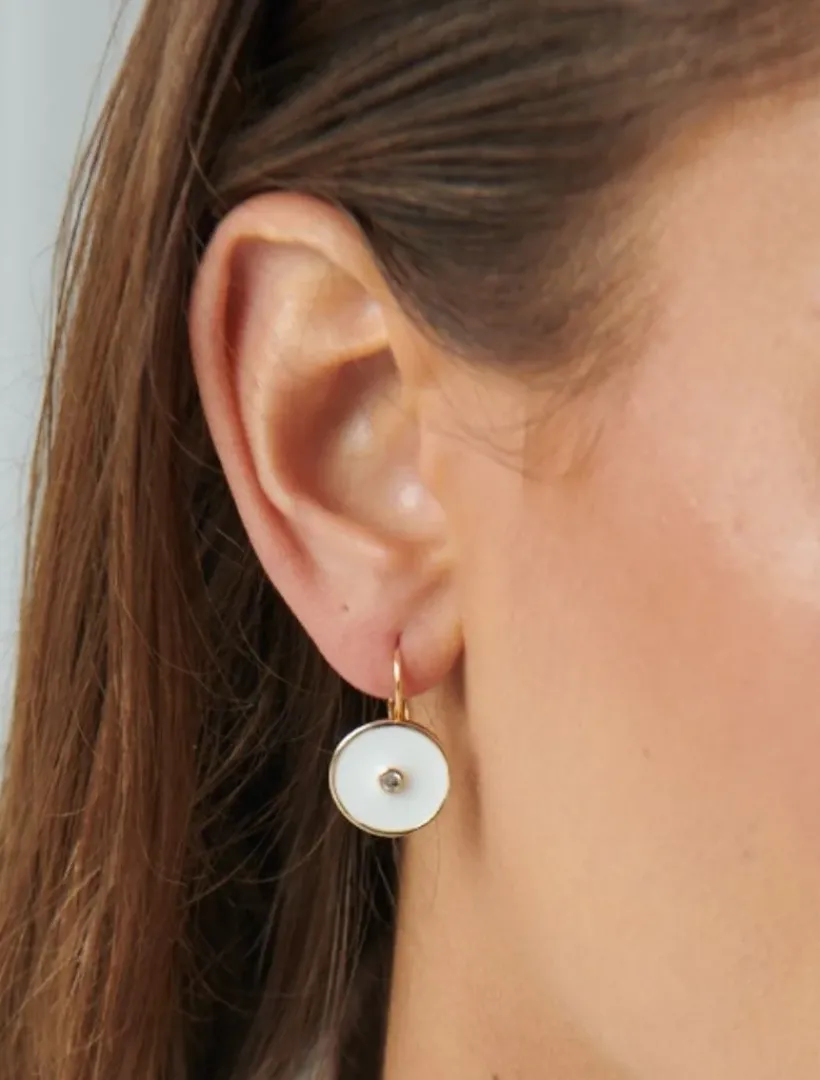 Earrings*Zjoosh Round Enamel Crystal Hooks White