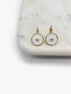 Earrings*Zjoosh Round Enamel Crystal Hooks White